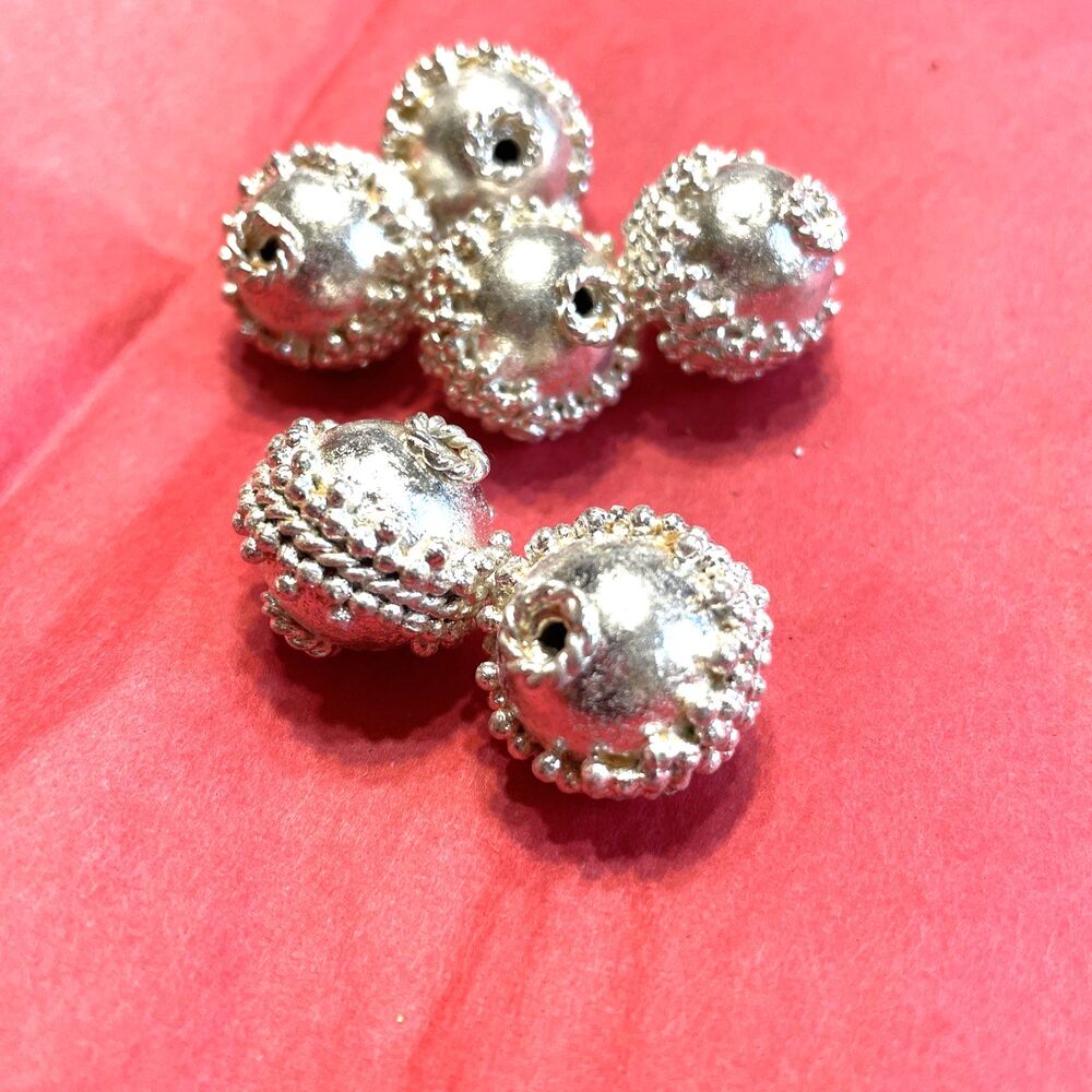 Round Bali Bead Lot Silver Tone 6pcs Ornate Exotic Filigree Ethnic Tribal 19MM